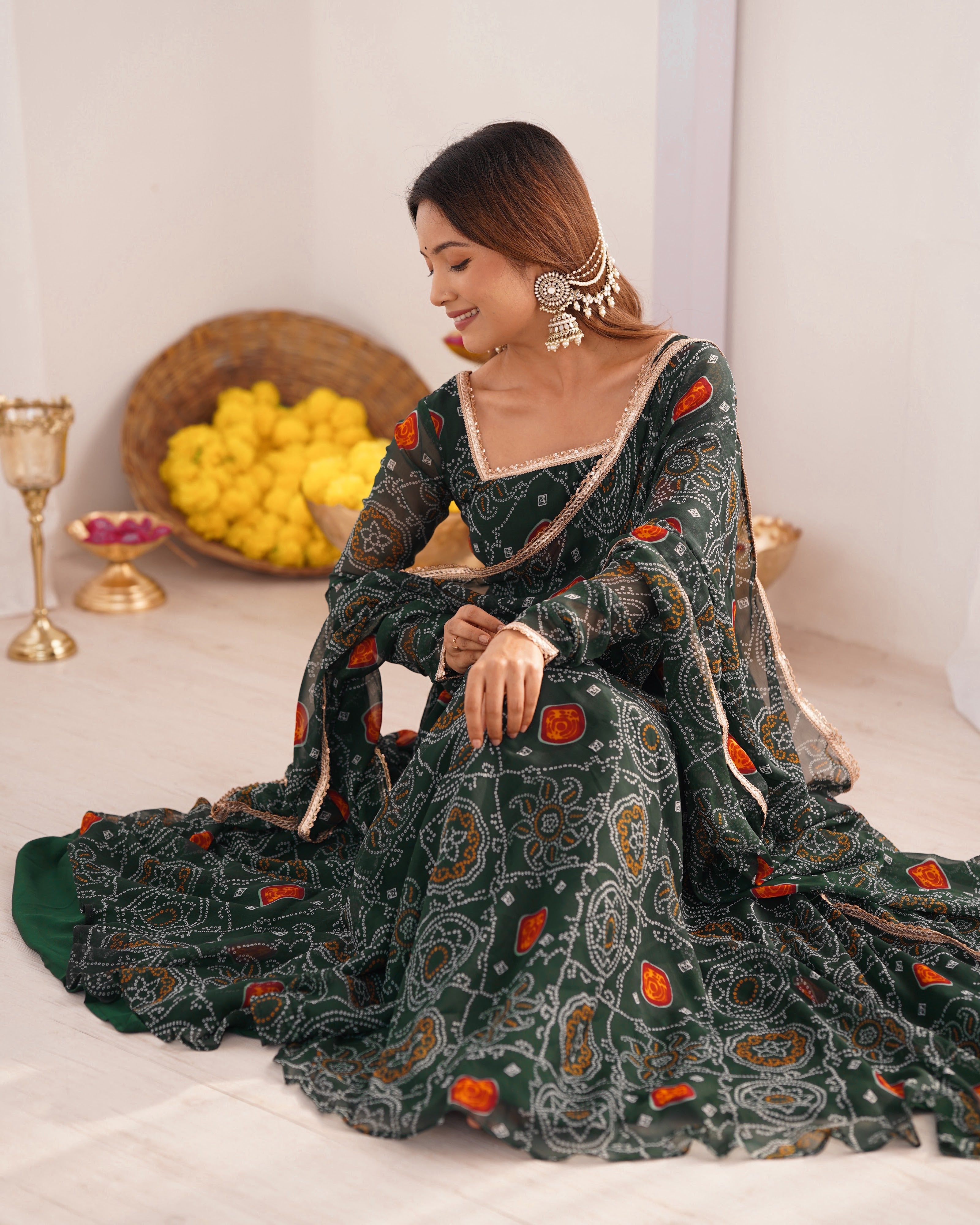 Soft Lightweight Chiffon Bandhej Fabric Inner Micro Cotton Embroidered Anarkali Set – Green