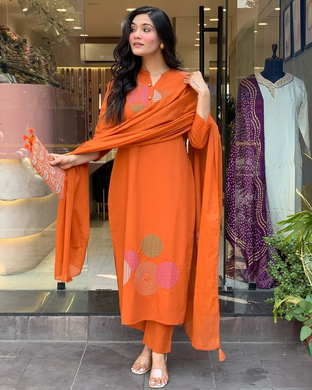 Rayon Slub Embroidered Kurta Pant Dupatta Set – Orange