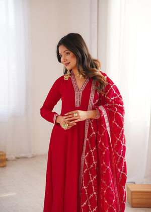 Vichitra Silk Embroidered Gown Set – Red