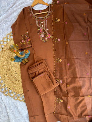 Roman Silk Embroidered Straight Kurti Set – Brown