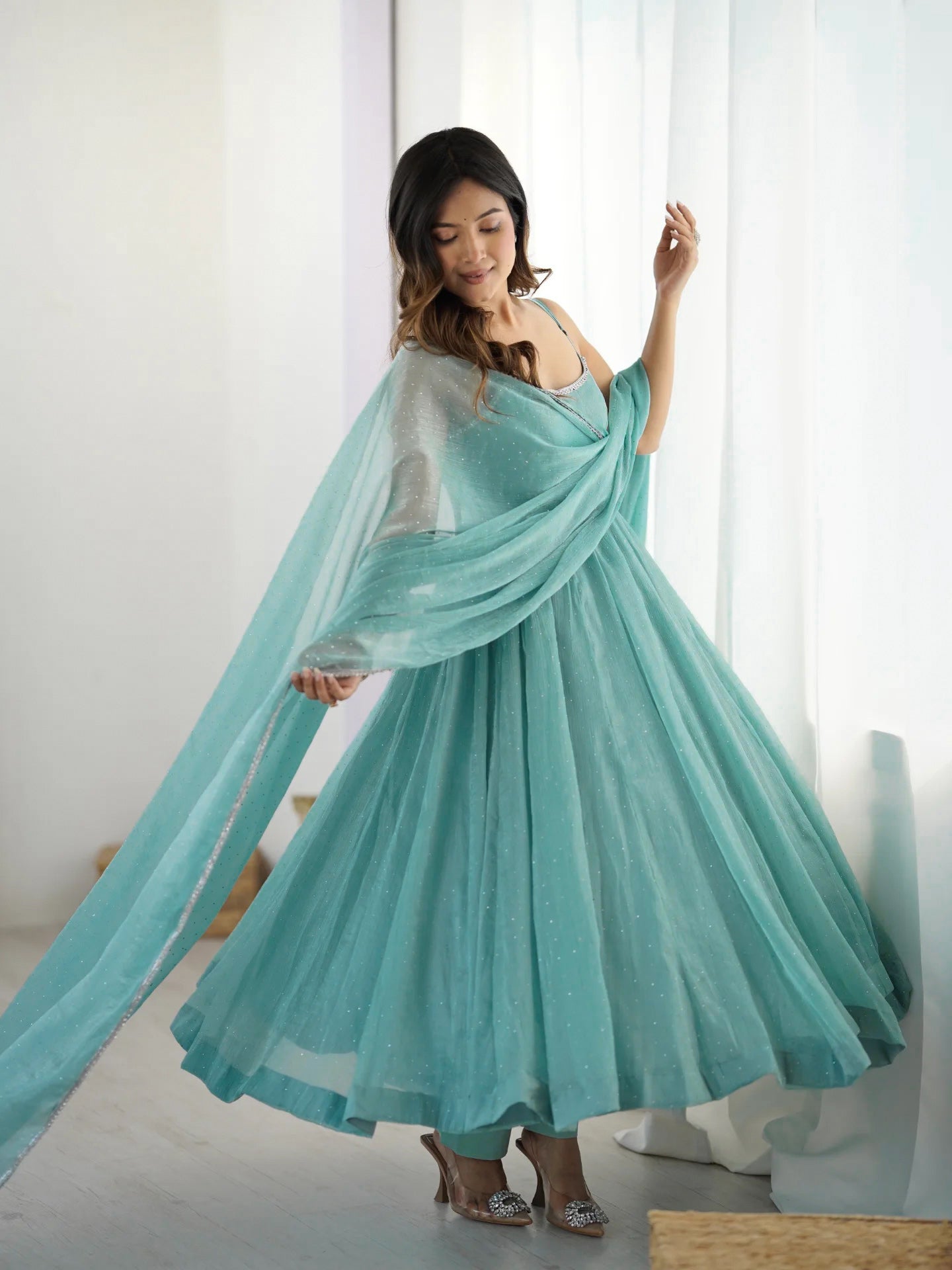 Crunchy Silk Embroidered Anarkali Set – Aqua Blue