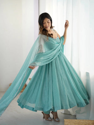 Crunchy Silk Embroidered Anarkali Set – Aqua Blue