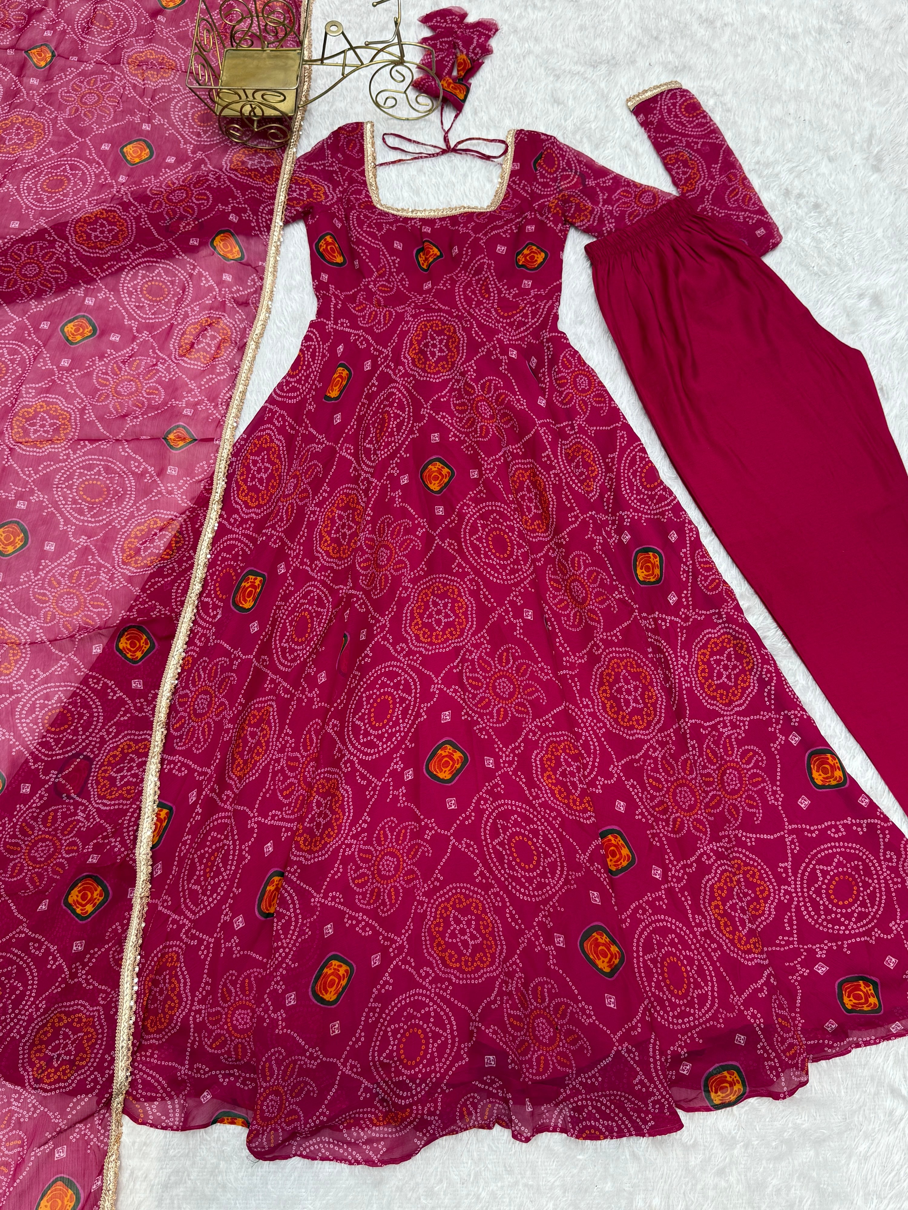Soft Lightweight Chiffon Bandhej Fabric Inner Micro Cotton Embroidered Anarkali Set – Pink