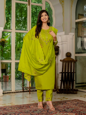 Marina Silk Embroidered Straight Kurti Set – Parrot Green