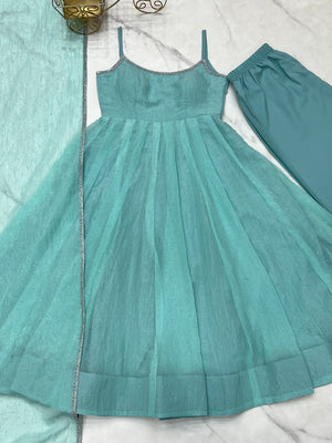 Crunchy Silk Embroidered Anarkali Set – Aqua Blue