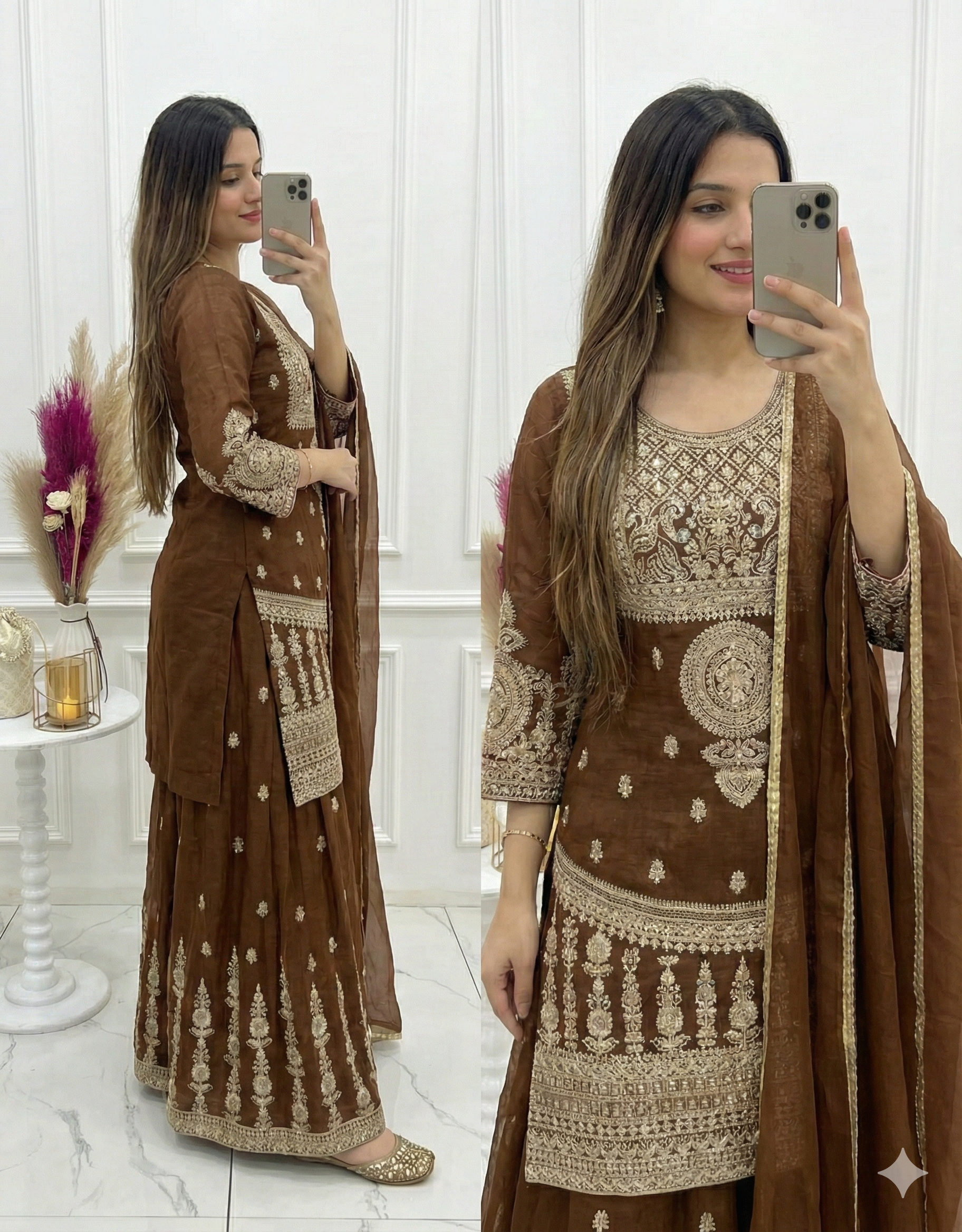 Crunchy Silk Embroidered Sharara Set – Coffee Brown