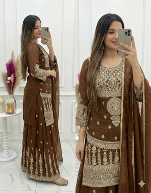 Crunchy Silk Embroidered Sharara Set – Coffee Brown