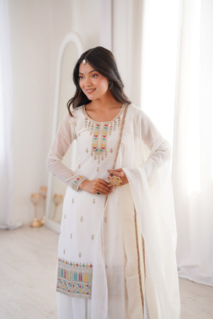 Crunchy Silk Embroidered Kurta-Sharara Set – White