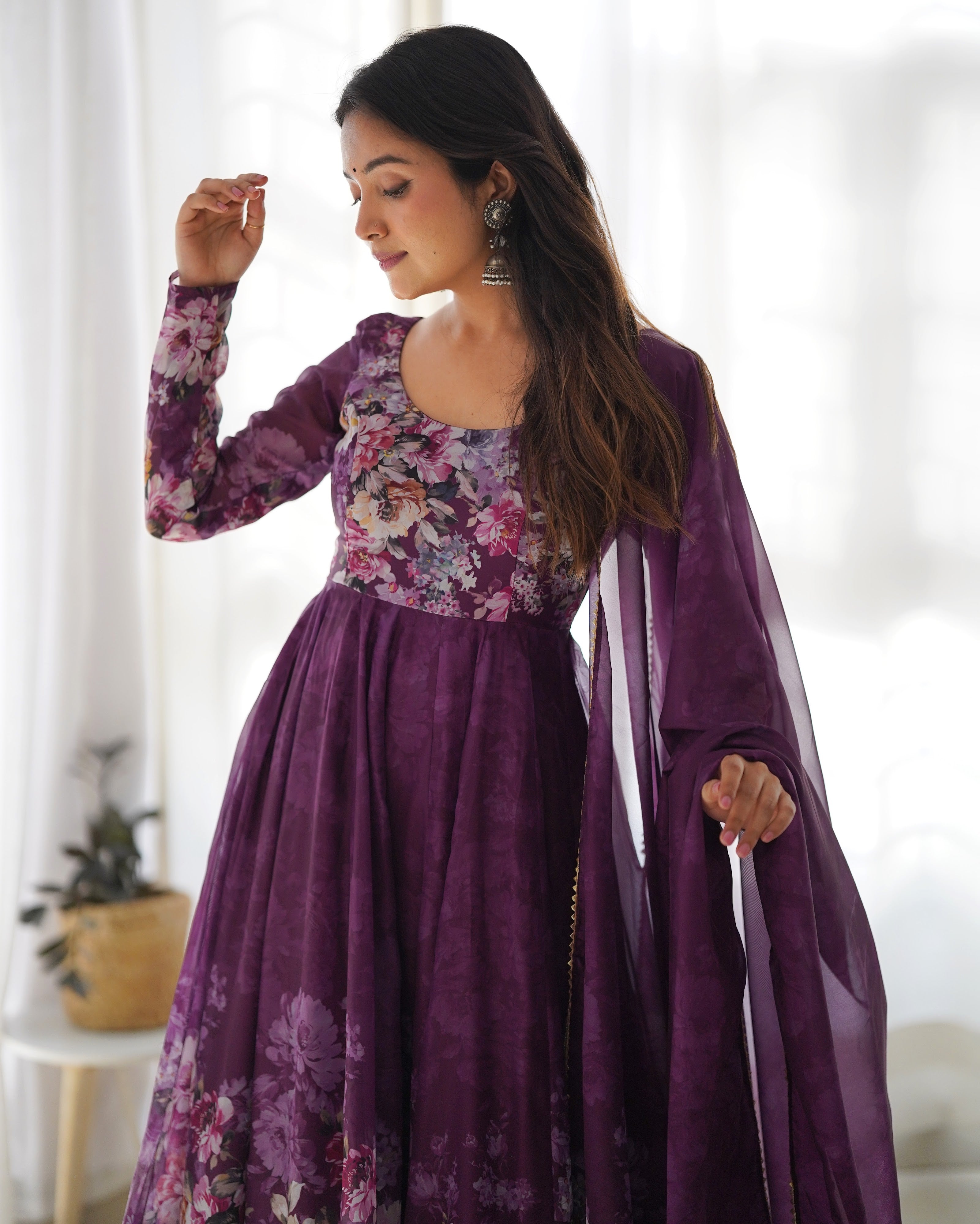 Organza Silk Printed Anarkali Set – Wine