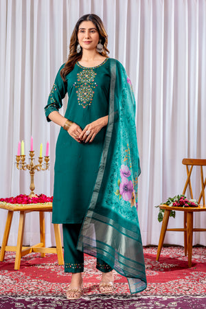Viscose Silk Embroidered Straight Kurti Set – Green