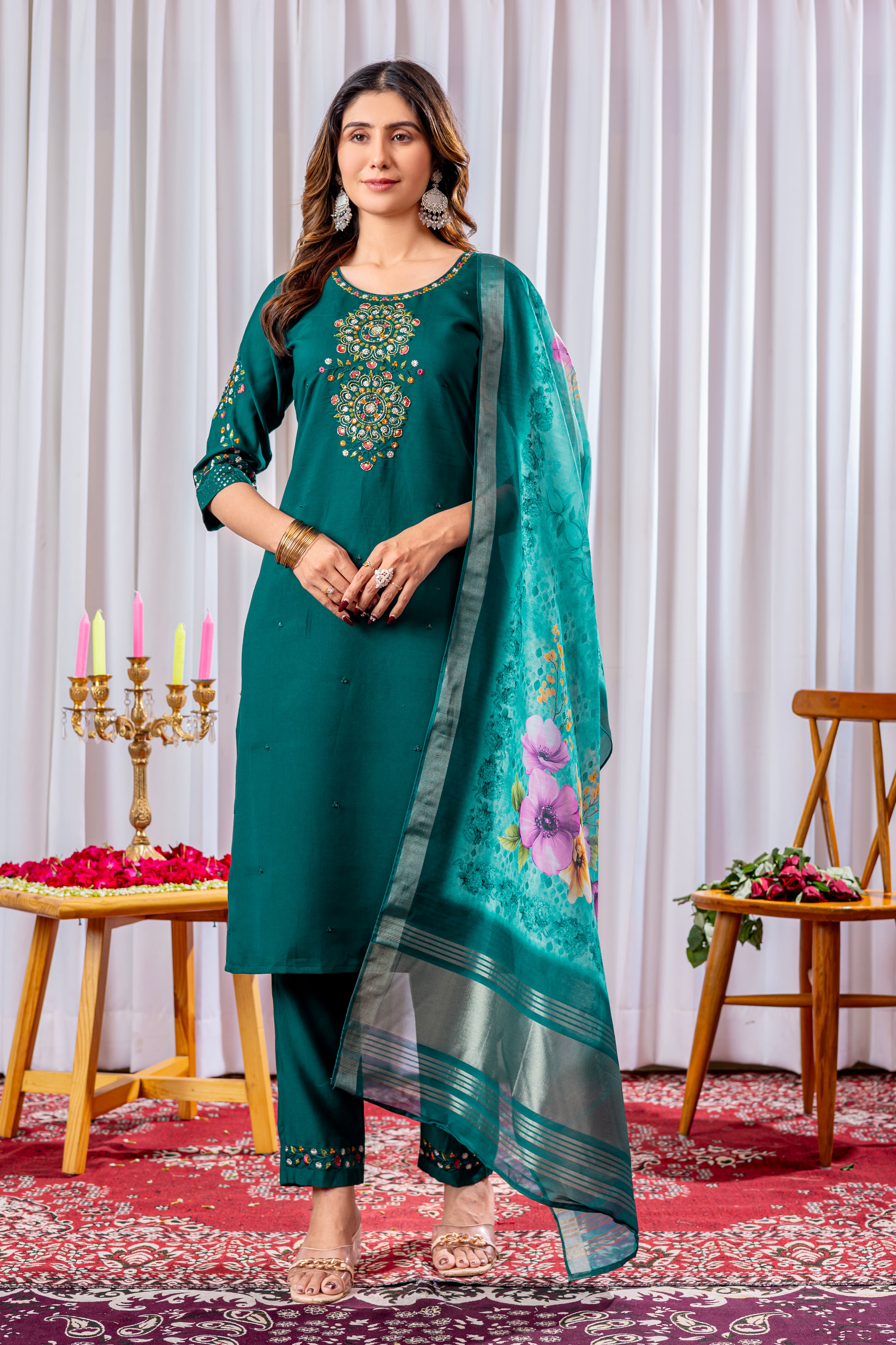 Viscose Silk Embroidered Straight Kurti Set – Green