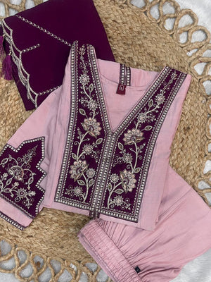 Roman Silk Embroidered Anarkali Kurti Set – Baby Pink