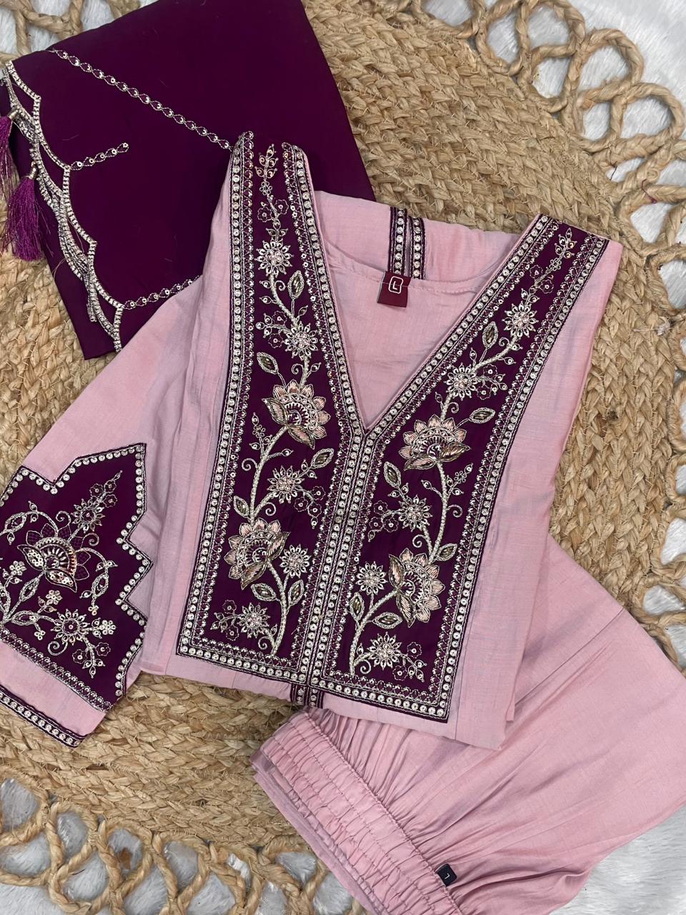 Roman Silk Embroidered Anarkali Kurti Set – Baby Pink