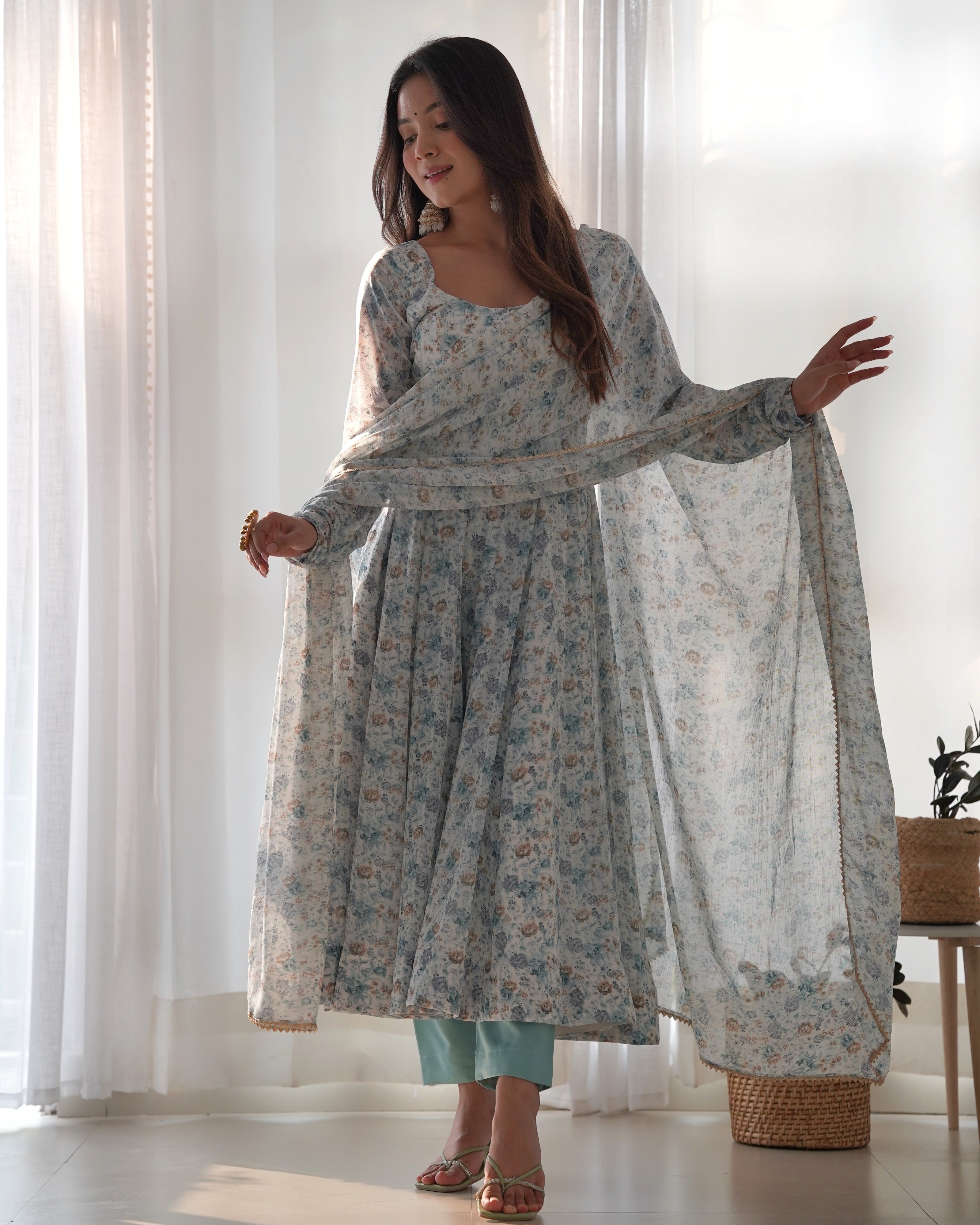 Heavy Orange Chiffon Floral Print Printed Anarkali Set – White Blue