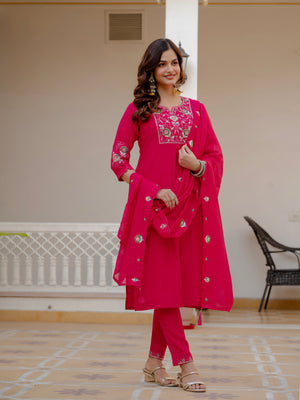 Pure Viscose Mango Silk Embroidered Straight Kurti Set – Pink