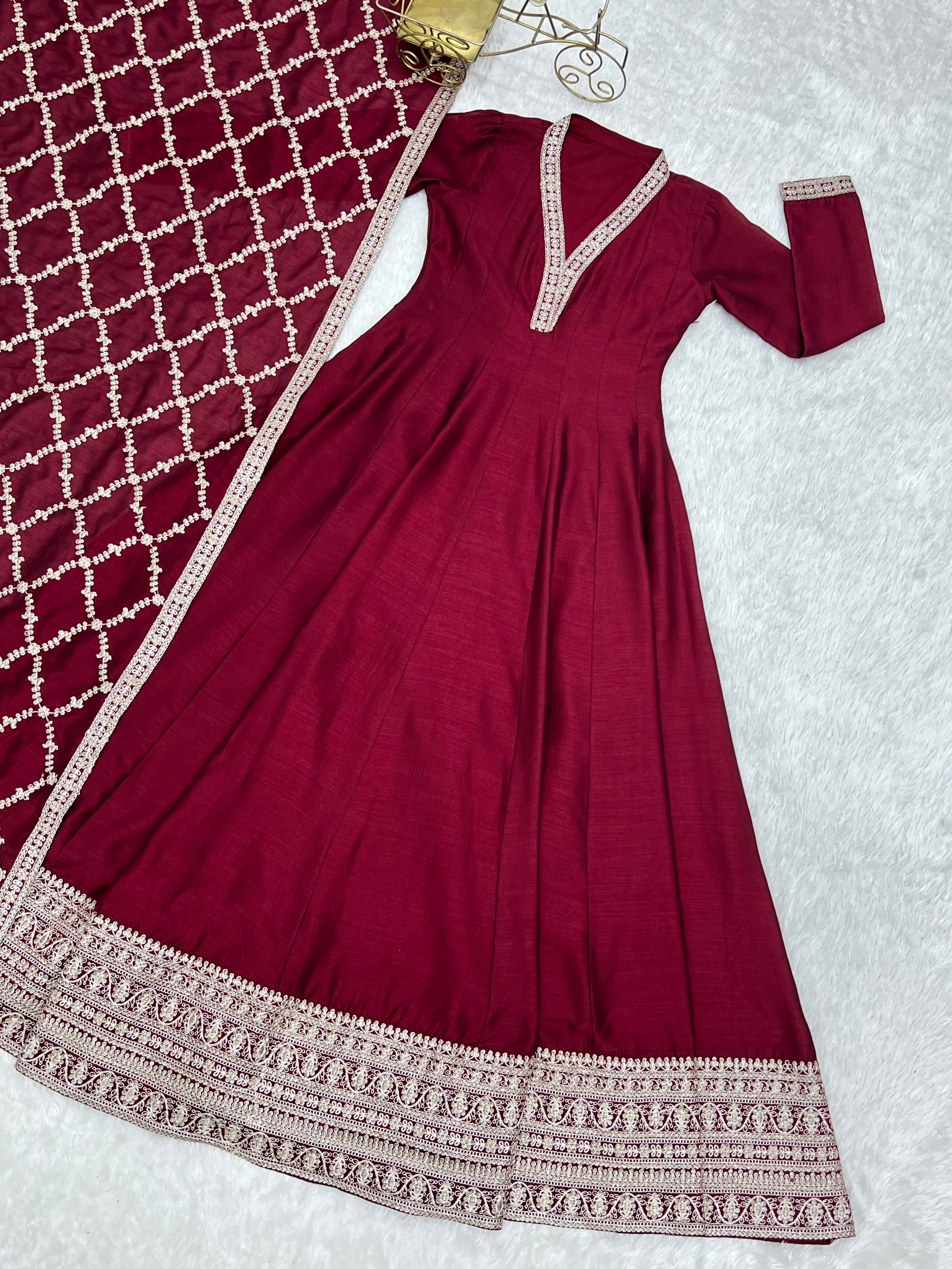Vichitra Silk Embroidered Gown Set – Maroon