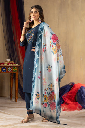 Viscose Mango Silk Embroidered Straight Kurti Set – Navy Blue