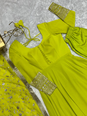 Georgette Embroidered Gown Set – Lemon Green