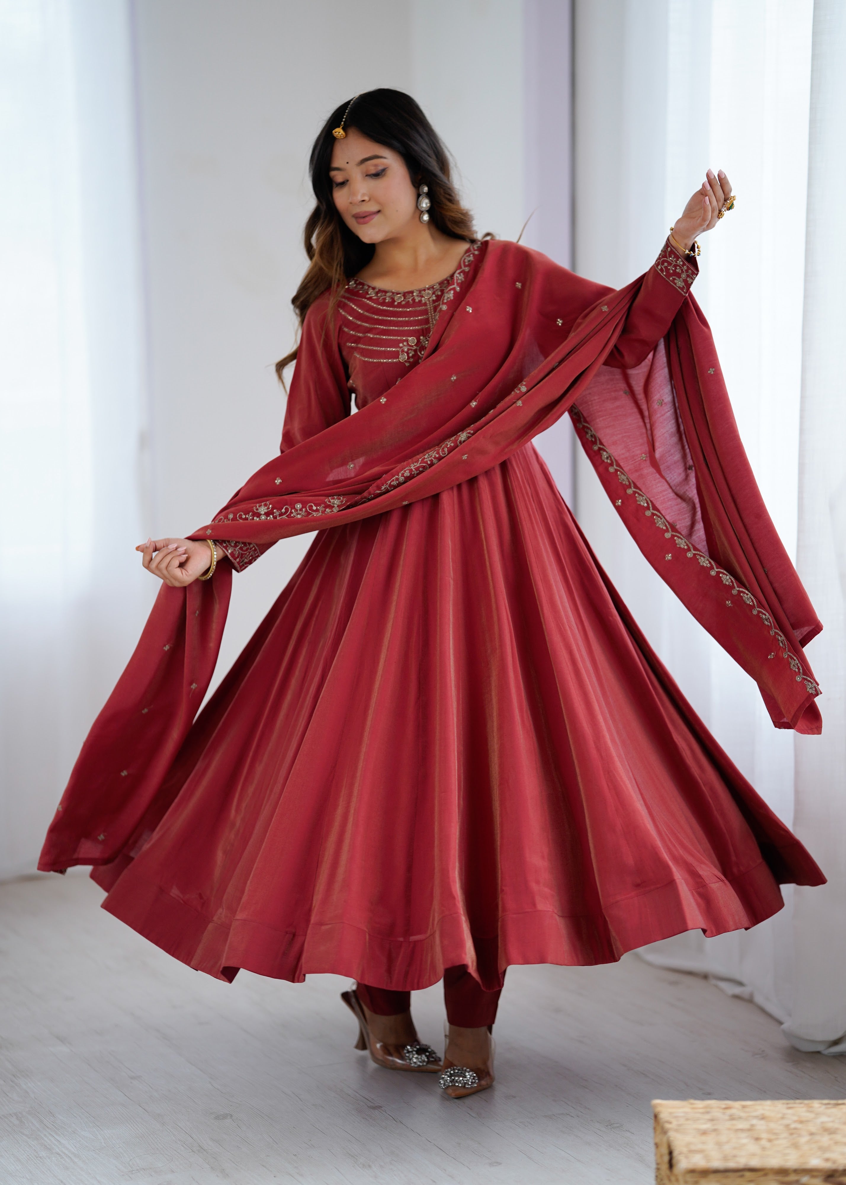 Roman Shimmer Silk Embroidered Anarkali Set – Maroon