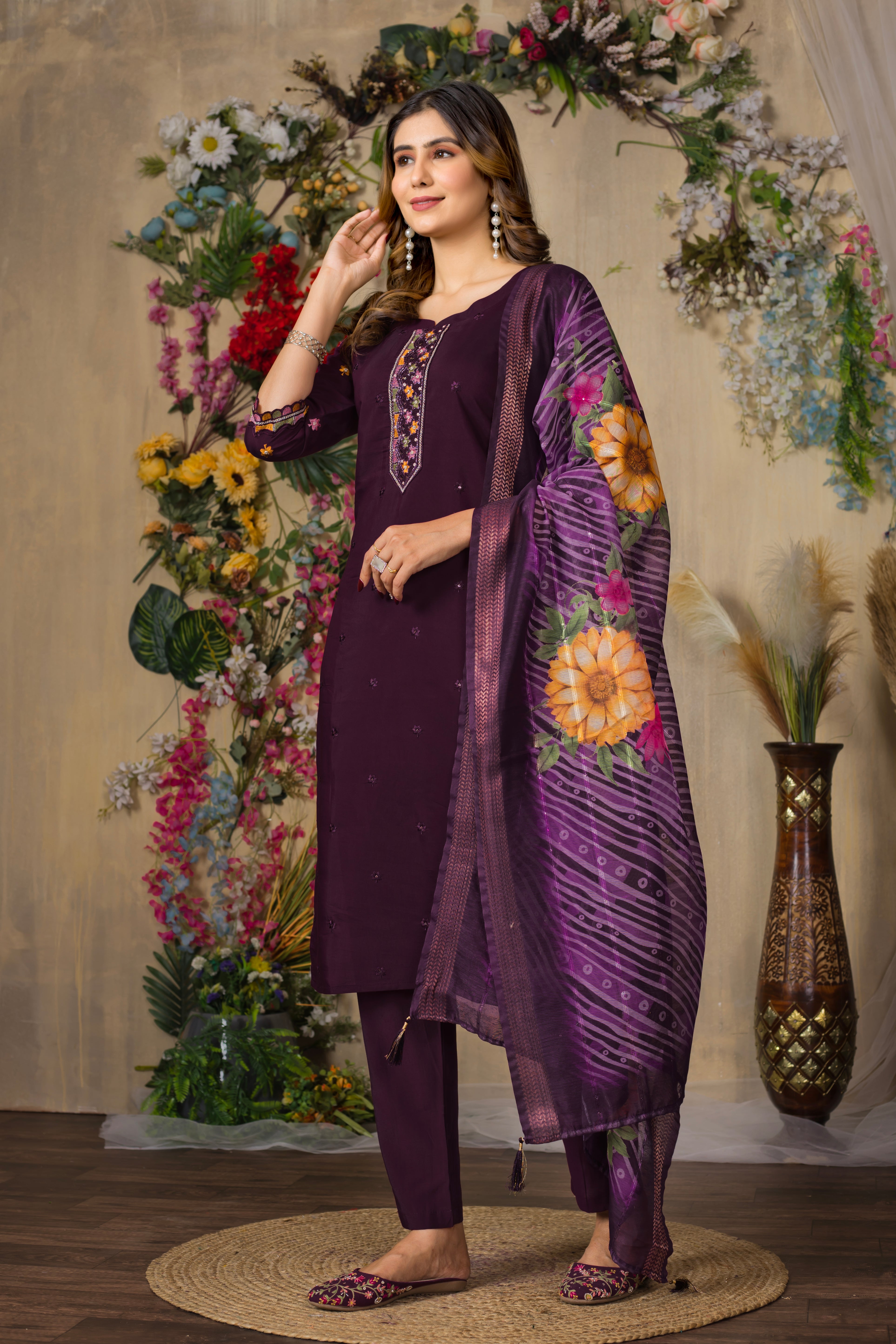 Roman Silk Embroidered Straight Kurti Set – Wine