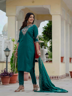 Premium Roman Silk Embroidered Straight Kurti Set – Rama Green