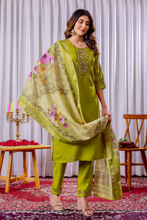 Viscose Silk Embroidered Straight Kurti Set – Parrot Green