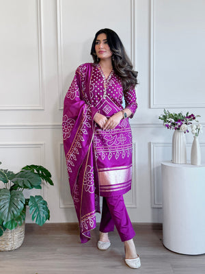Viscose Embroidered Kurta Pant Dupatta Set – Purple