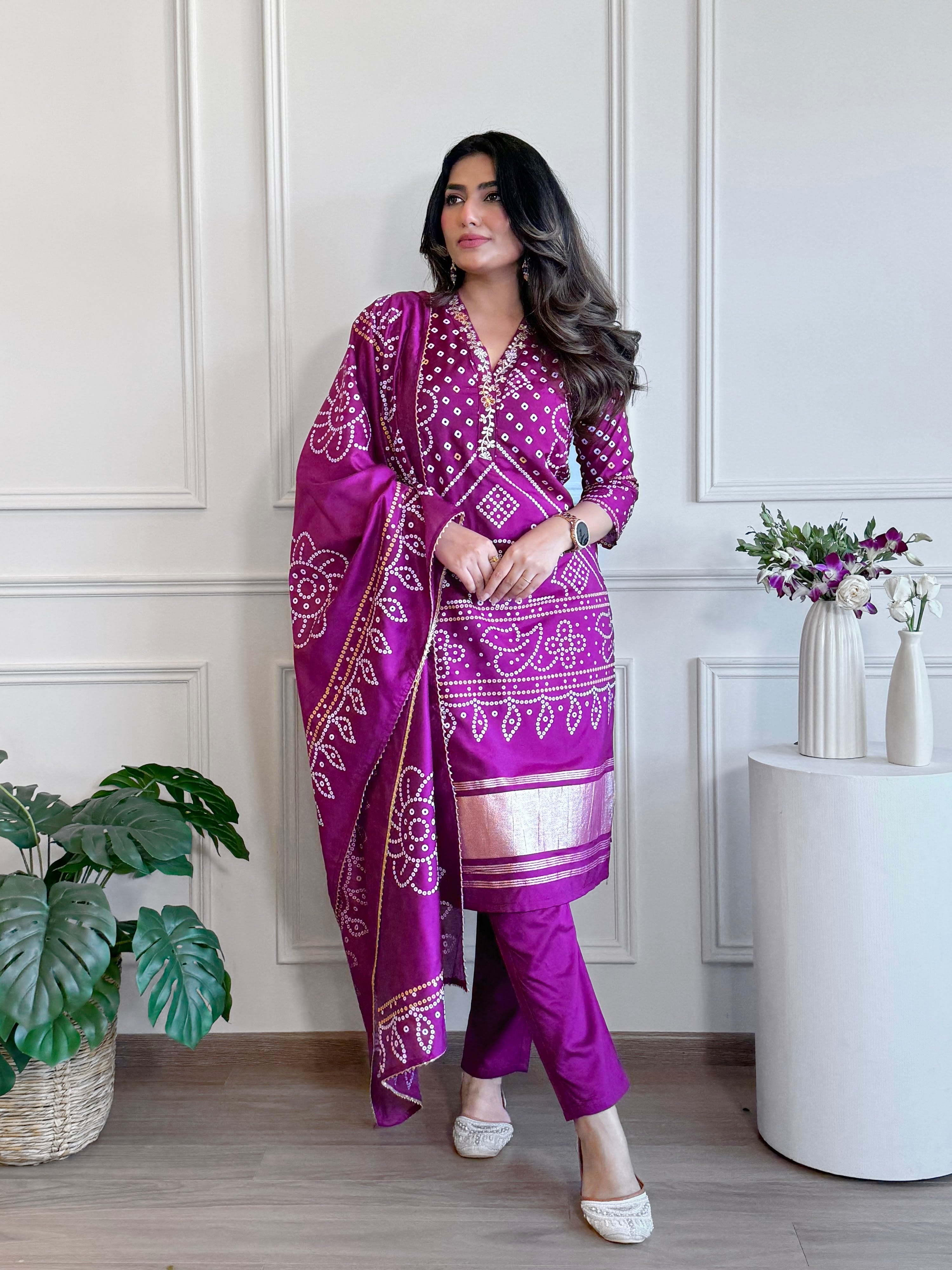Viscose Embroidered Kurta Pant Dupatta Set – Purple