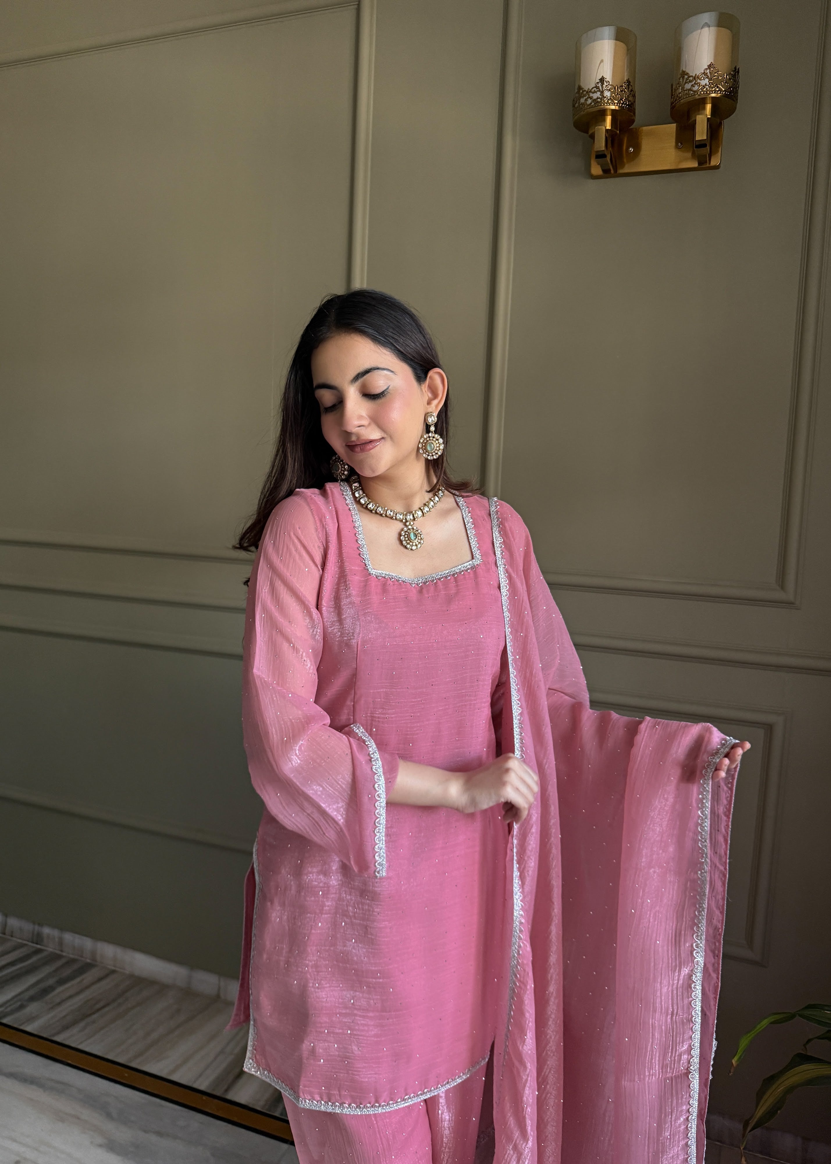 Crunchy Silk Embroidered Farshi Salwar Set – Pink