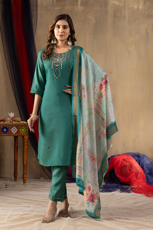 Shimmer Gold Silk Embroidered Straight Kurti Set – Rama Green