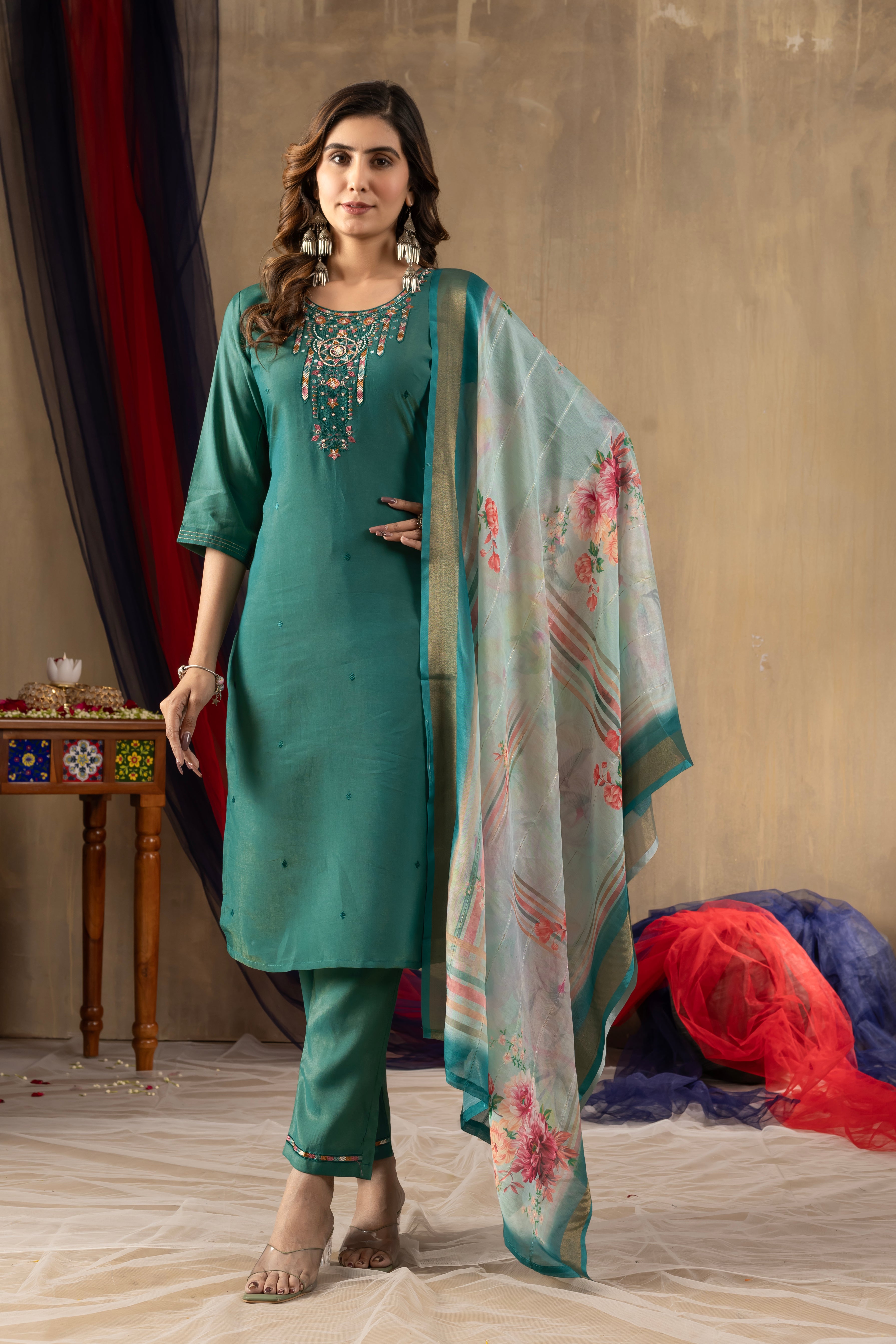 Shimmer Gold Silk Embroidered Straight Kurti Set – Rama Green