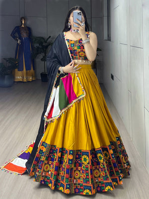 Navratri Mustard Gamthi Mirror Work Lehenga Set