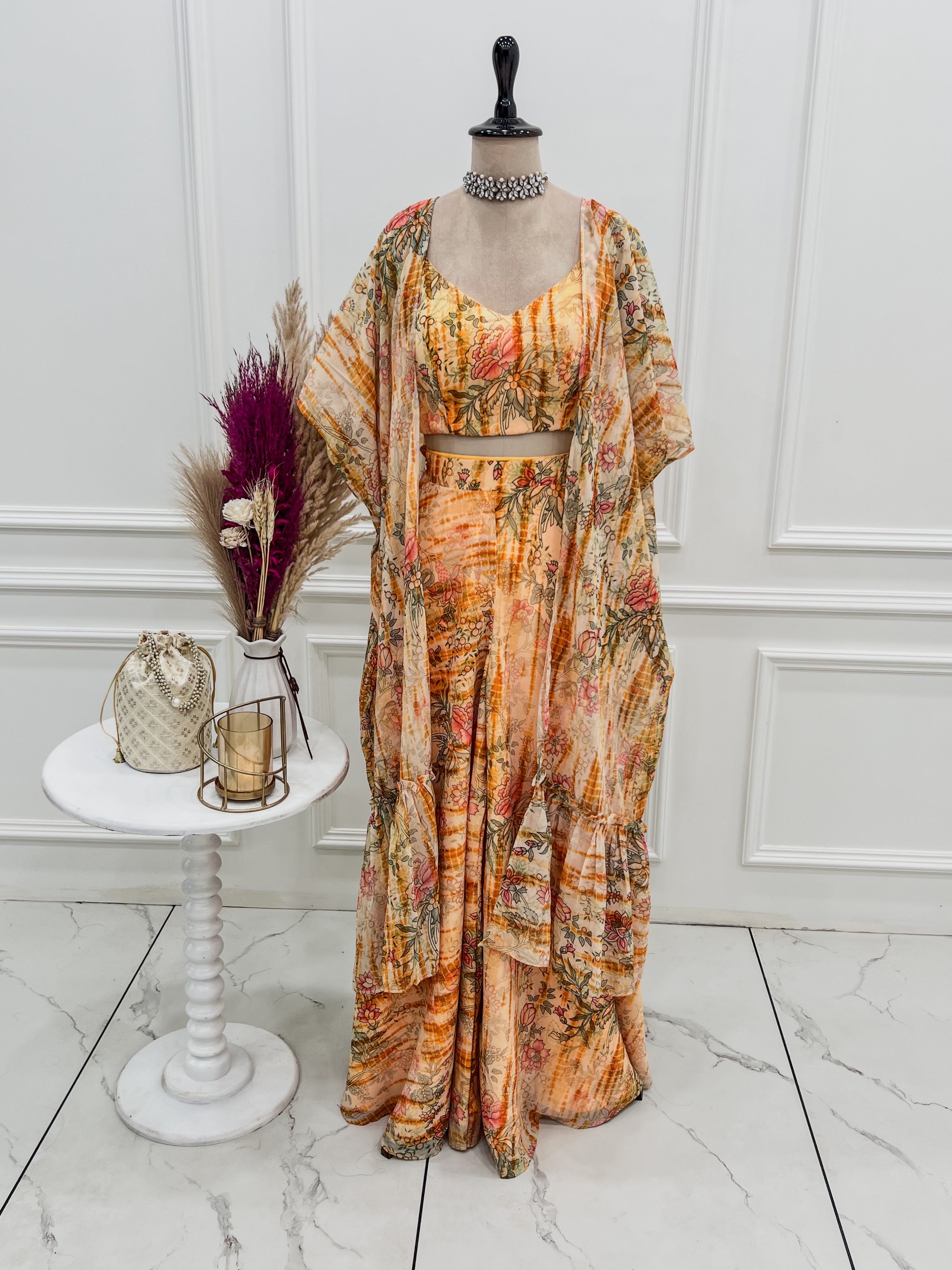 Georgette Printed Kurta-Palazzo Set – Peach Floral