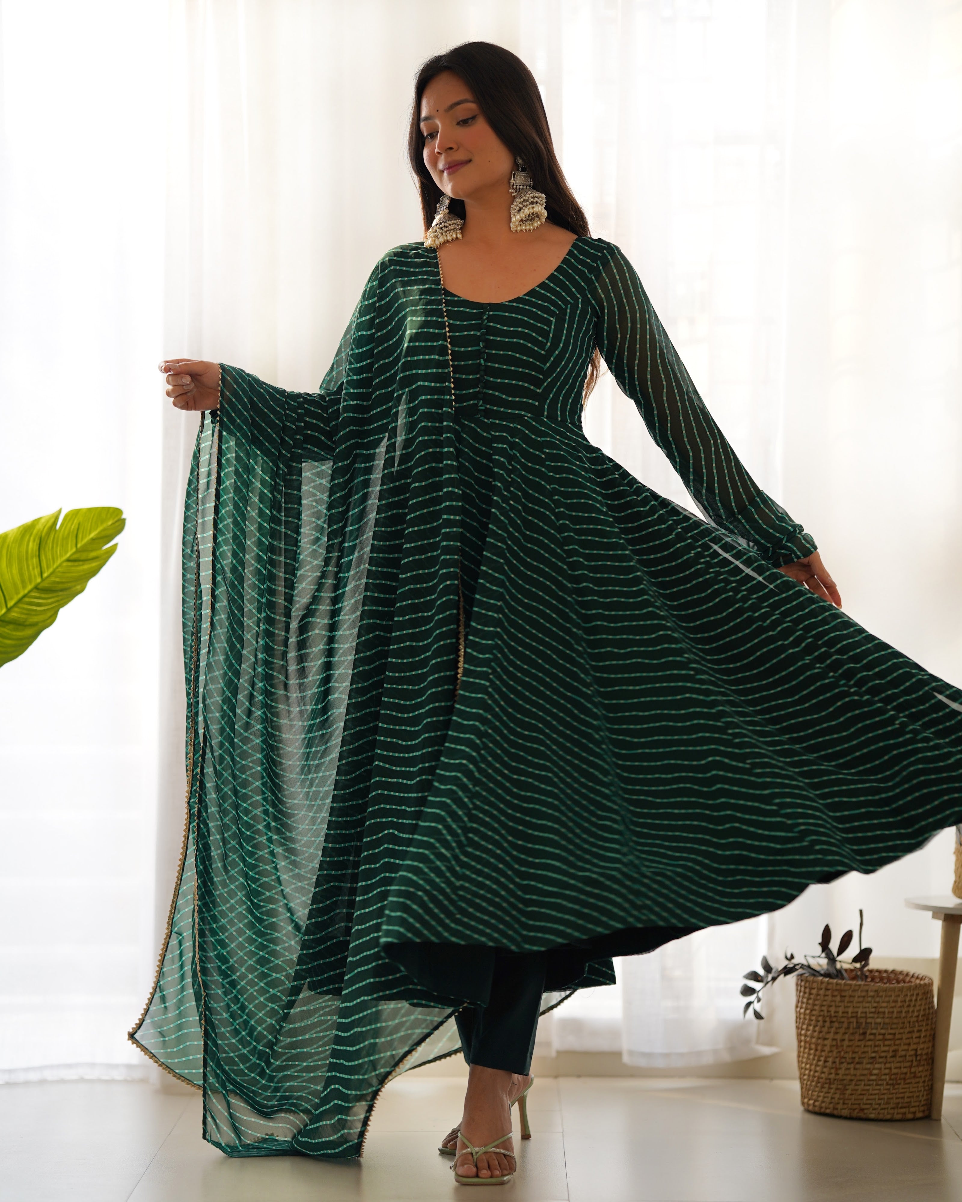 Georgette Printed Anarkali Set – Bottle Green