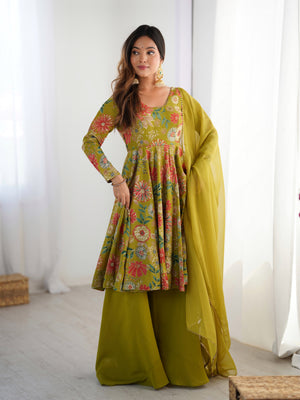 Roman Chanderi Silk Printed Kurta-Palazzo Set – Mehndi Green