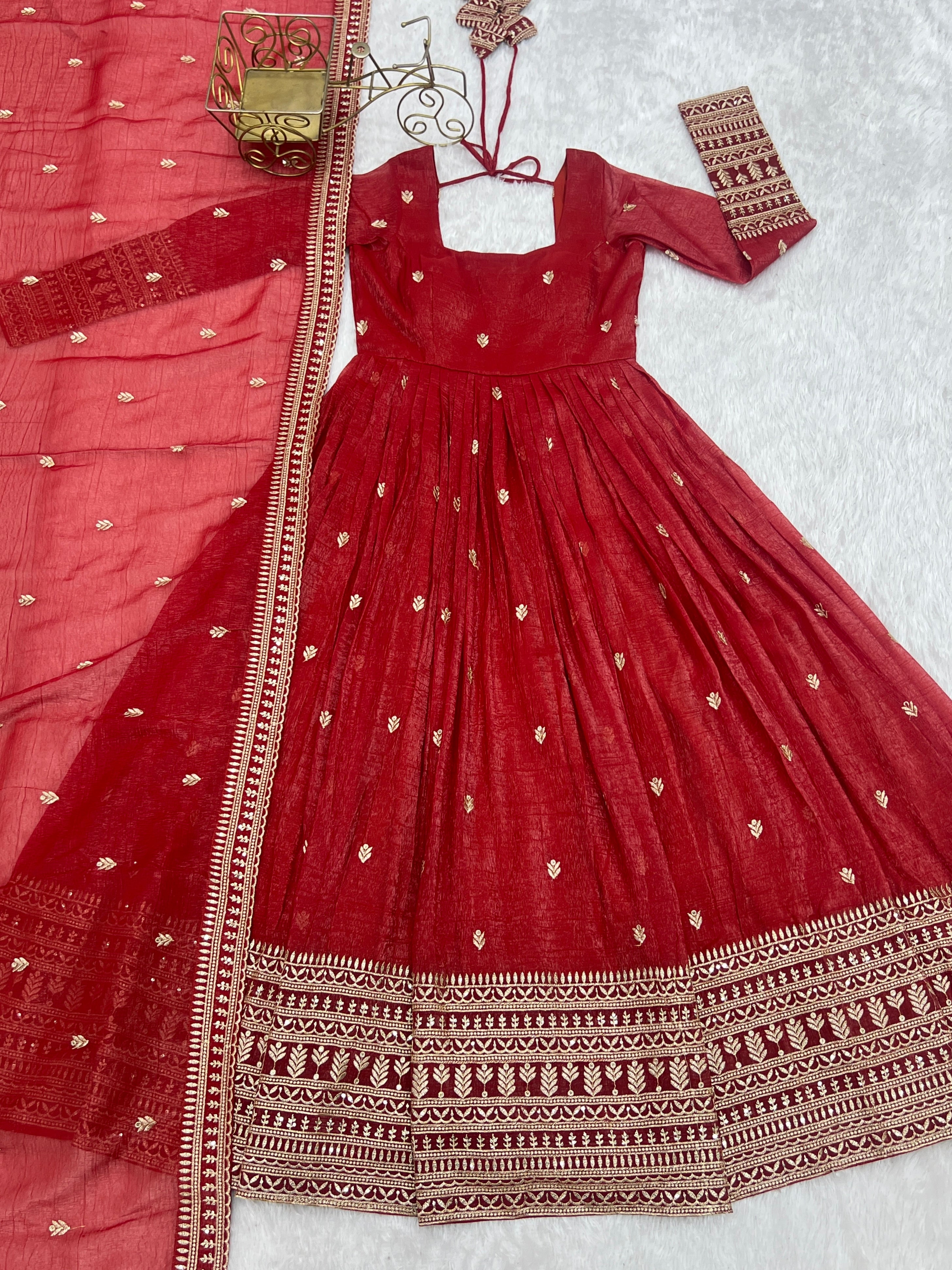 Crunchy Silk Embroidered Gown Set – Rust