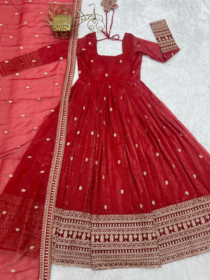Crunchy Silk Embroidered Gown Set – Rust