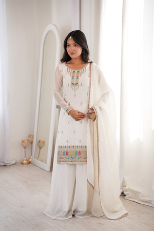 Crunchy Silk Embroidered Kurta-Sharara Set – White