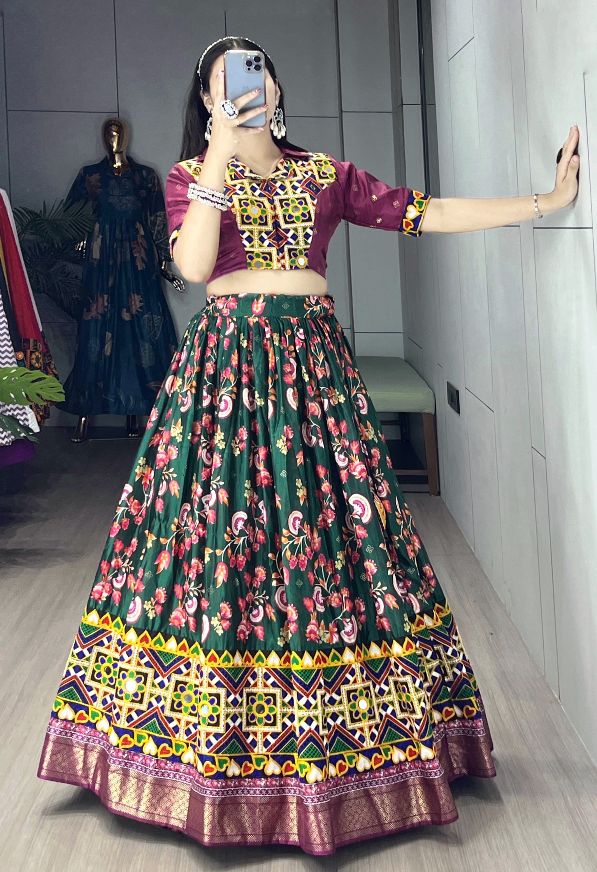 Navratri Green Floral Lehenga Set