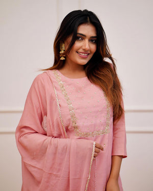 Rayon Slub Embroidered Kurta Pant Dupatta Set – Pink