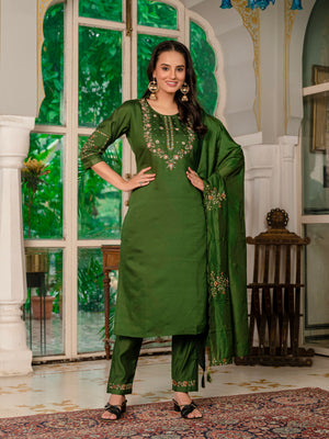 Marina Silk Embroidered Straight Kurti Set – Mehndi Green