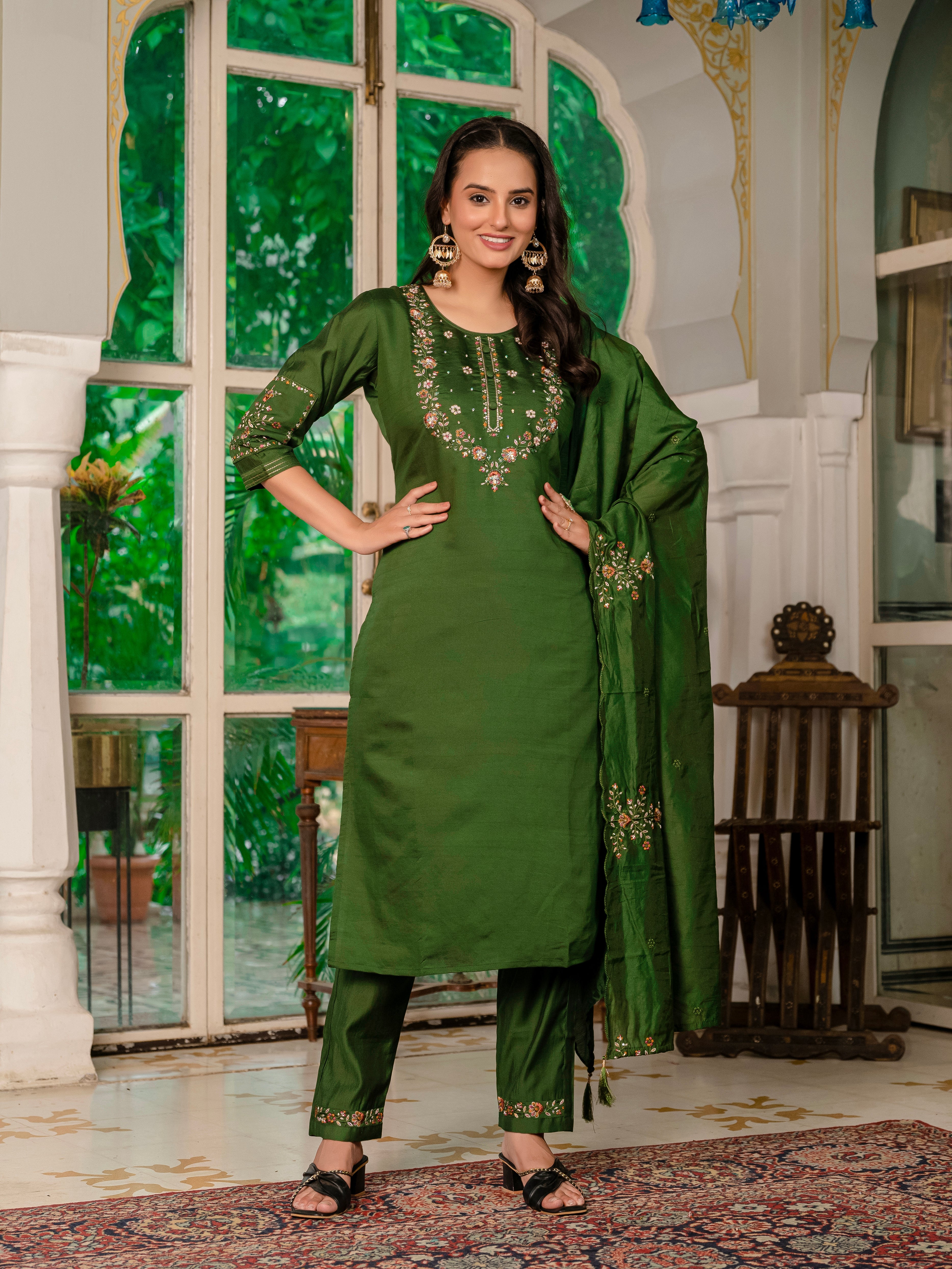 Marina Silk Embroidered Straight Kurti Set – Mehndi Green