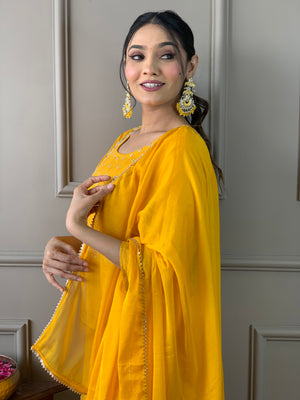 Rayon Slub Embroidered Kurta Pant Dupatta Set – Yellow