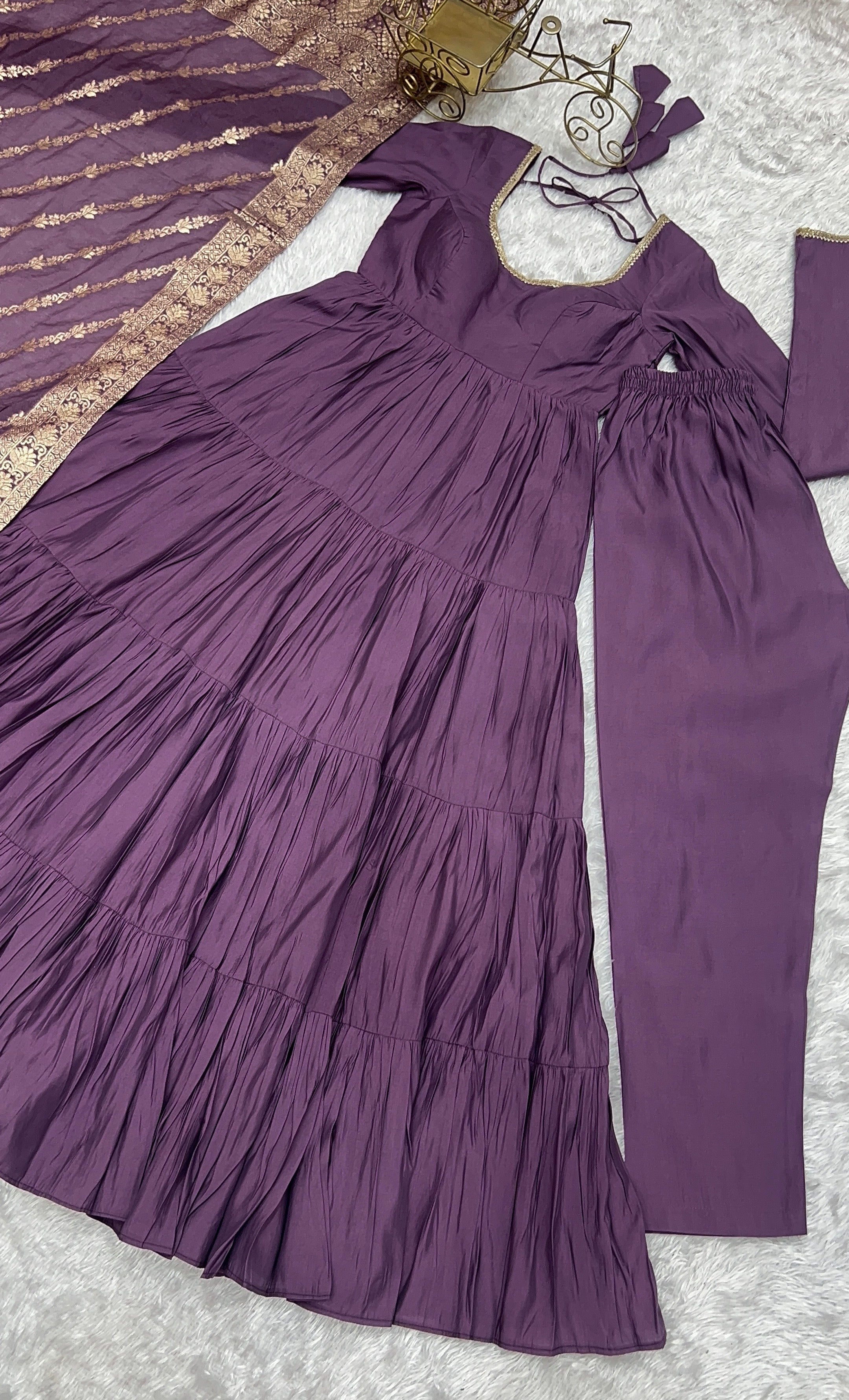 Roman Chanderi Silk Embroidered Anarkali Set – Purple