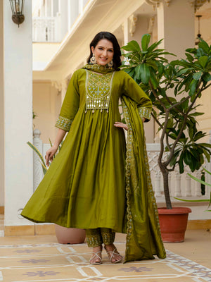 Viscose Roman Silk Embroidered Anarkali Kurti Set – Mahendi