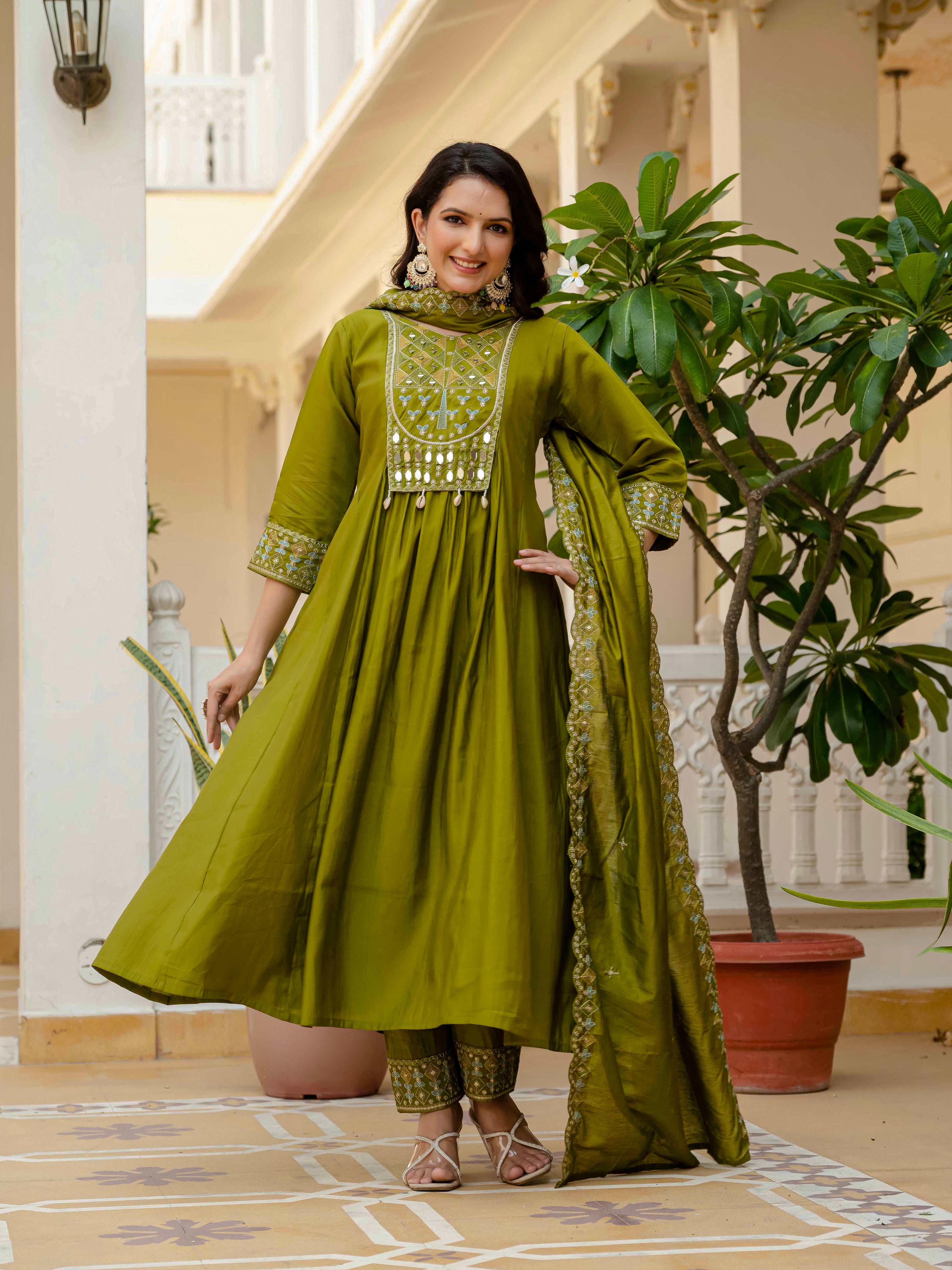 Viscose Roman Silk Embroidered Anarkali Kurti Set – Mahendi