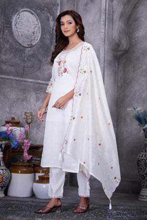 Roman Silk Embroidered Straight Kurti Set – White