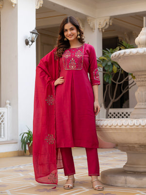 Pure Viscose Mango Silk Embroidered Straight Kurti Set – Pink