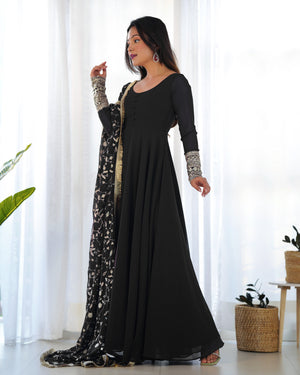 Georgette Embroidered Gown Set – Black