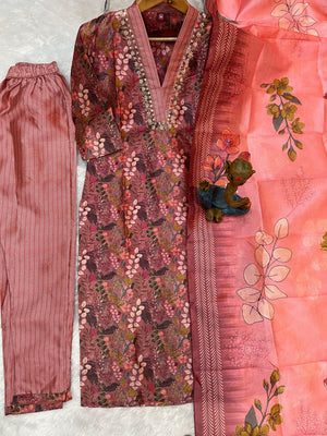 Zarna Silk Embroidered Straight Kurti Set – Dusty Rose